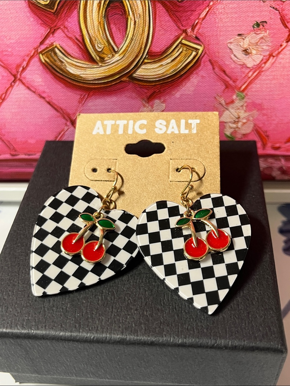 Attic Salt Black & White Check Heart Earrings with Red Cherry Accent